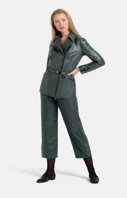 Leather Jackets<WERNER CHRIST Alessia: Longer Biker Jacket With Tie Belt Ivy Green