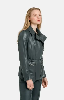 Leather Jackets<WERNER CHRIST Alessia: Longer Biker Jacket With Tie Belt Ivy Green