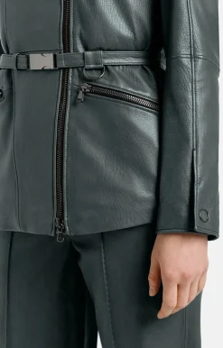 Leather Jackets<WERNER CHRIST Alessia: Longer Biker Jacket With Tie Belt Ivy Green