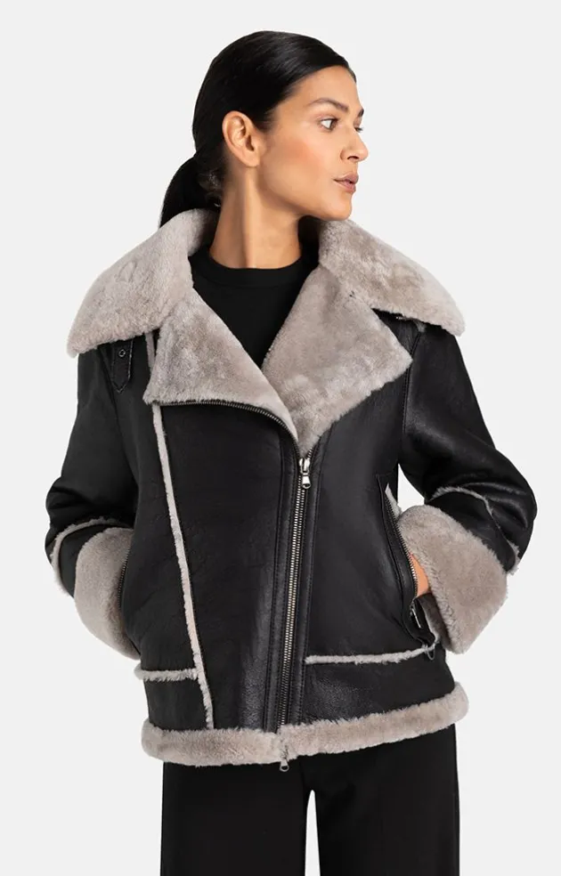 Lambskin Jackets<WERNER CHRIST Paloma: Sporty Oversized Biker Jacket Black