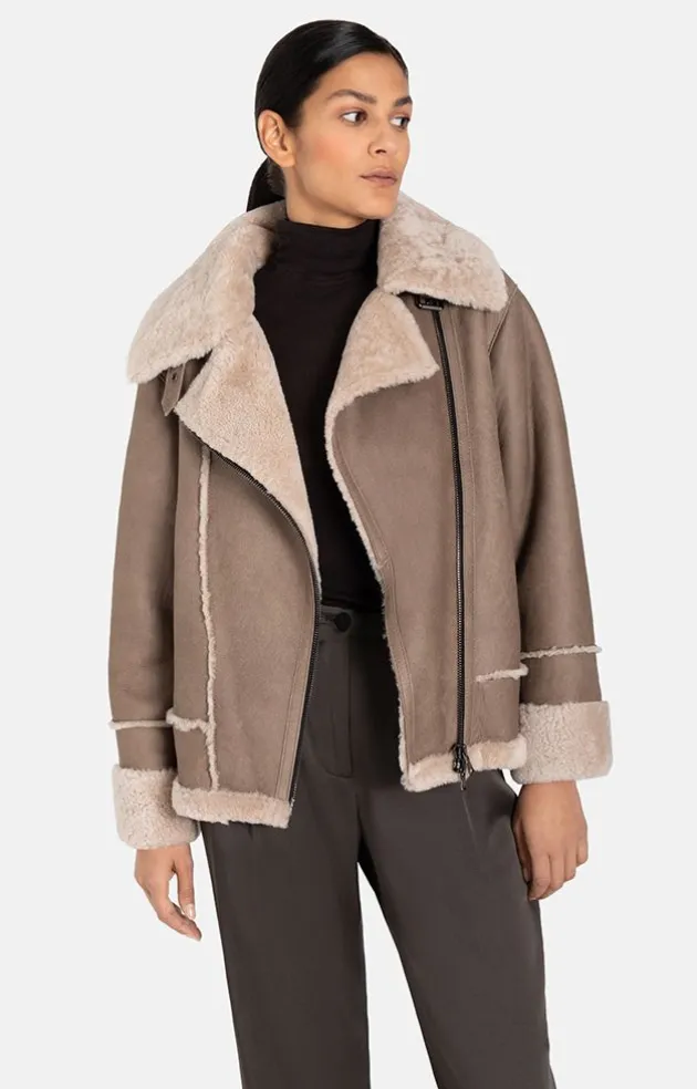 Lambskin Jackets<WERNER CHRIST Paloma: Sporty Oversized Biker Jacket Greige