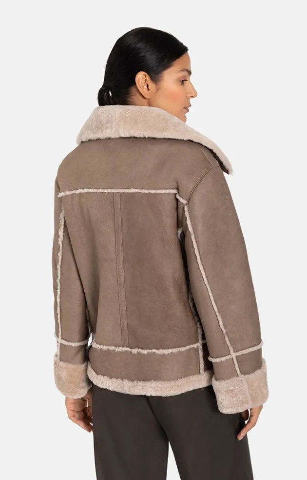 Lambskin Jackets<WERNER CHRIST Paloma: Sporty Oversized Biker Jacket Greige